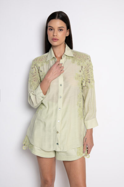 Camisa Bordada Com Mangas 3/4 Verde - Penélope