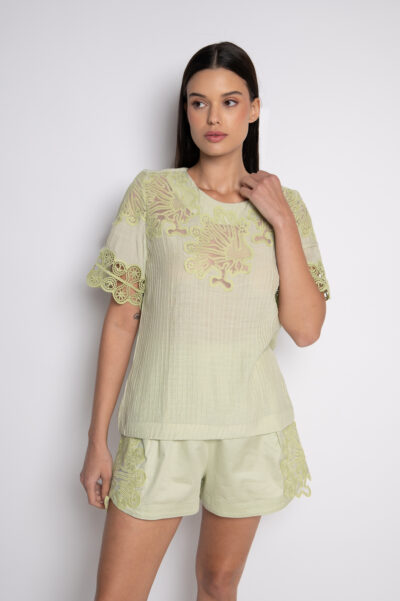 Blusa Bordada Com Nervuras Frontais Verde - Helena