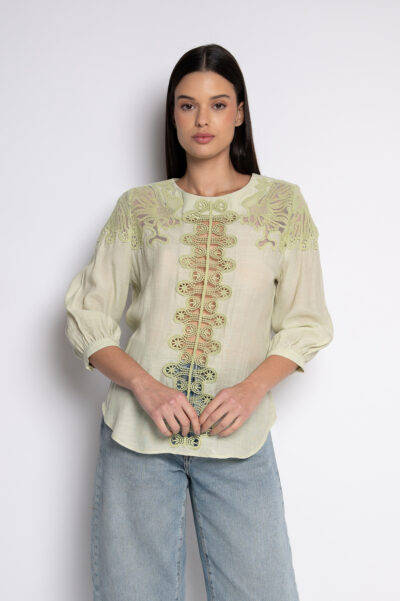 Blusa Bordada Com Mangas 3/4 Verde - Julieta