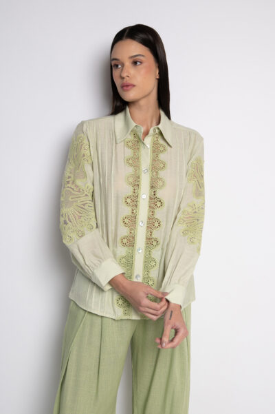 Camisa Bordada Com Nervuras Mangas 7/8 Verde- Roberta
