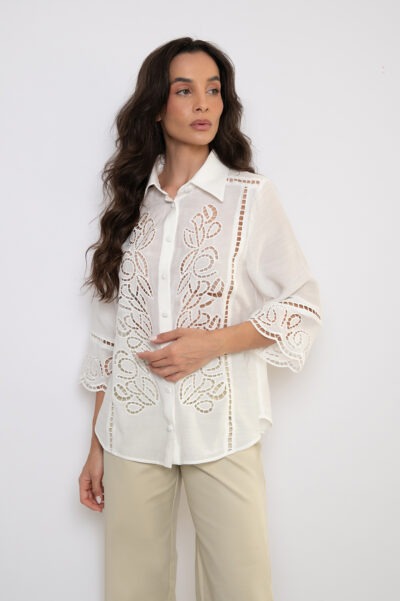 Camisa Bordada Com Mangas 3/4 Off White - Claudia