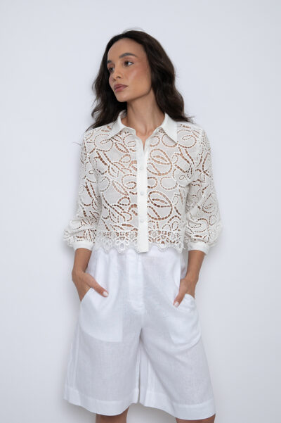 Camisa Cropped Bordada Off White - Gaby