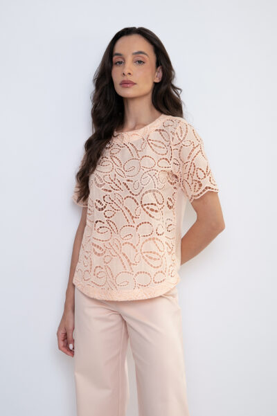 Blusa Bordada Com Mangas Curtas Salmon - Celina