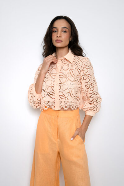Camisa Cropped Bordada Salmon - Gaby