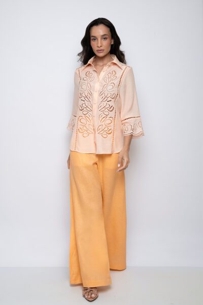 Camisa Bordada Com Mangas 3/4 Salmon - Claudia