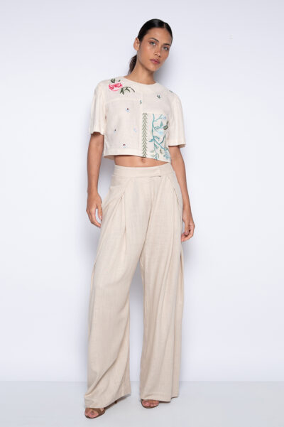 Blusa Cropped Bordada Bege - Rúbia