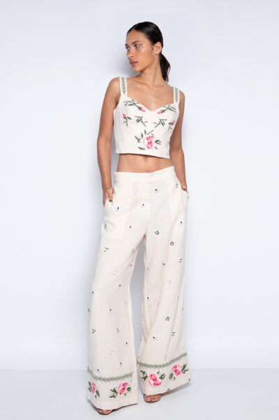 Calça Pantalona Bordada Bege - Marilia
