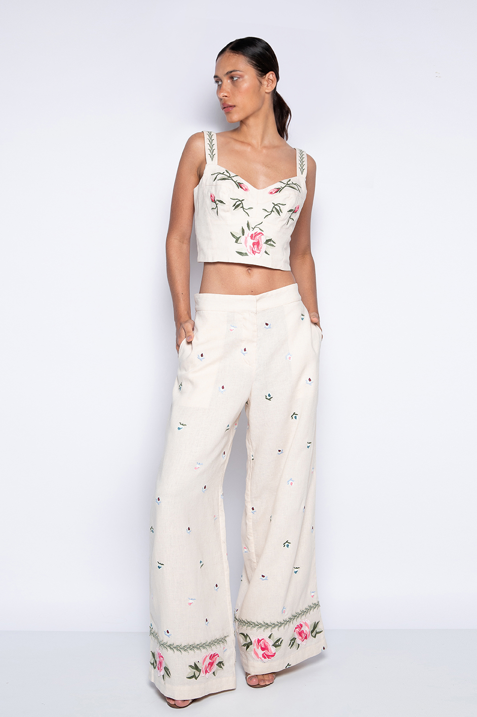 Calça Pantalona Bordada Bege - Marilia