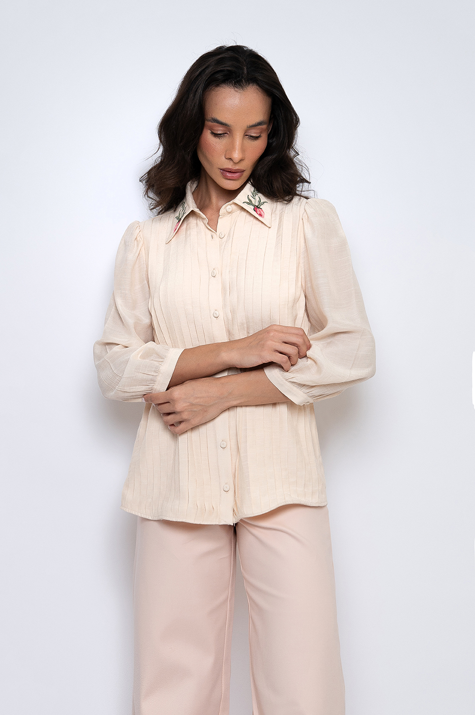 Camisa Bordada Com Mangas 3/4 New Manteiga - Clotilde