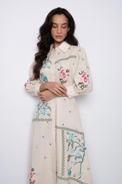 Vestido Chemise Bordado Bege - Poliana