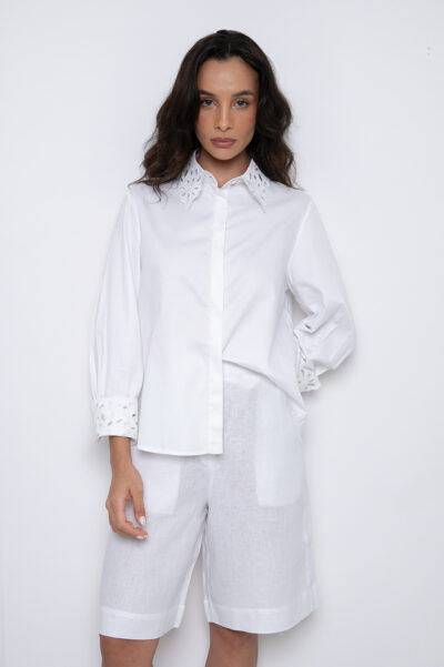 Camisa Bordada Com Mangas 7/8 100% Algodão Branca - Rafaela