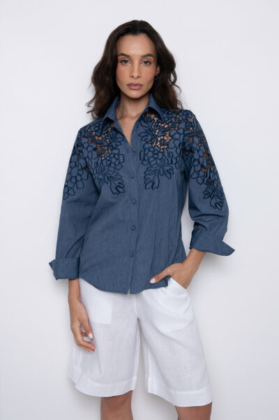 Camisa Bordada Manga 7/8 Jeans Lavagem Escura - Adriana