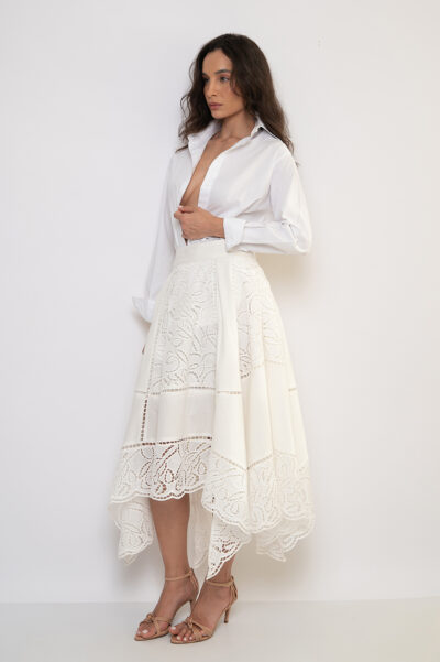 Saia Midi Bordada Assimétrica Off White - Fabricia