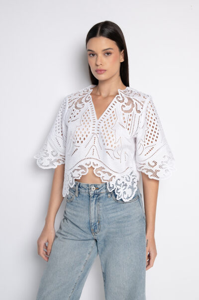 Blusa Cropped Bordada Com Decote V Branca - Aurora