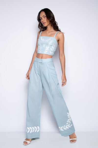 Calça Transpassada Bordada Azul - Diana