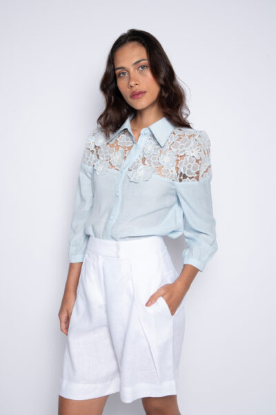 Camisa Bordada Com Mangas 3/4 Azul - Cíntia