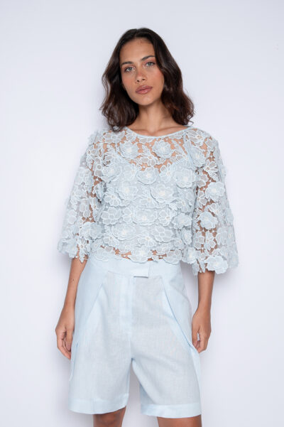Blusa Cropped Bordada Com Aplicações Azul - Anita
