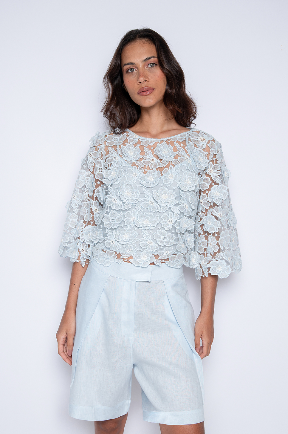 Blusa Cropped Bordada Com Aplicações Azul - Anita
