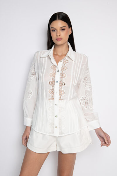 Camisa Bordada Com Nervuras Mangas 7/8 Off White - Roberta