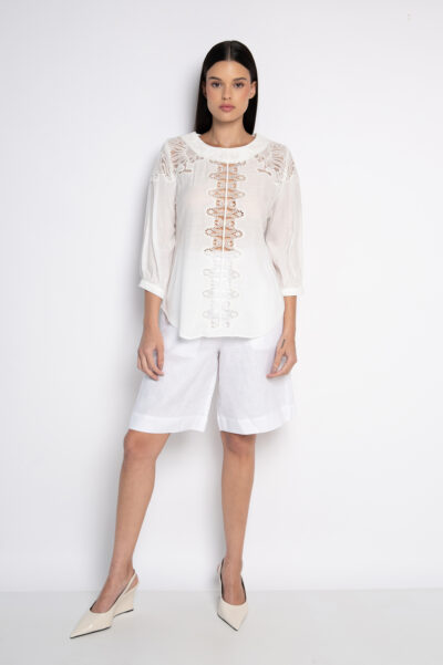 Blusa Bordada Com Mangas 3/4 Off White - Julieta