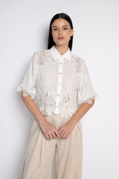 Camisa Cropped Bordada Off White - Celeste