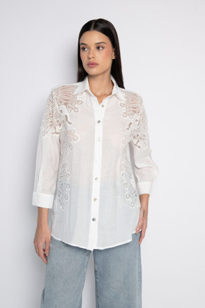 Camisa Bordada Com Mangas 3/4 Off White - Penélope