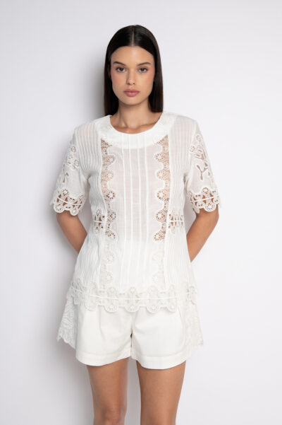 Blusa Bordada Com Nervuras Frontais Off White - Riana