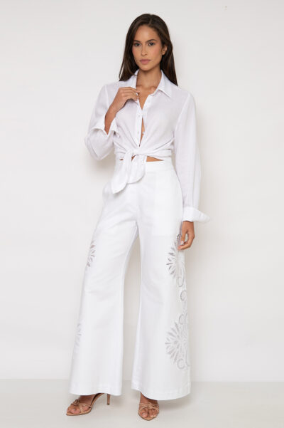 Calça Pantalona Bordada Branca - Marcília