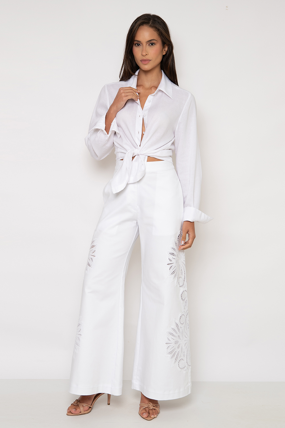 Calça Pantalona Bordada Branca - Marcília