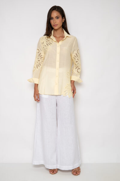 Camisa Bordada Com Manga 7/8 New Manteiga - Josefine