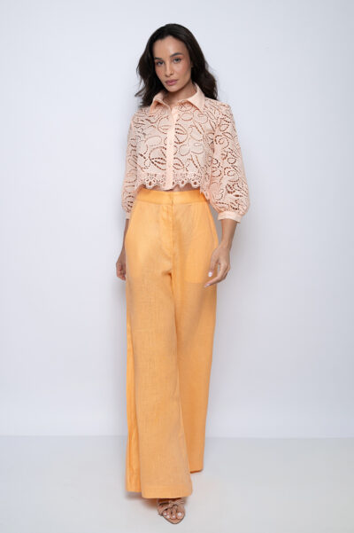 Calça Pantalona 100% Linho Laranja - Melina