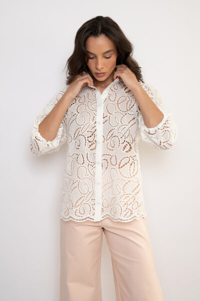 Camisa Bordada Com Mangas Bufante 3/4 Off White - Camila